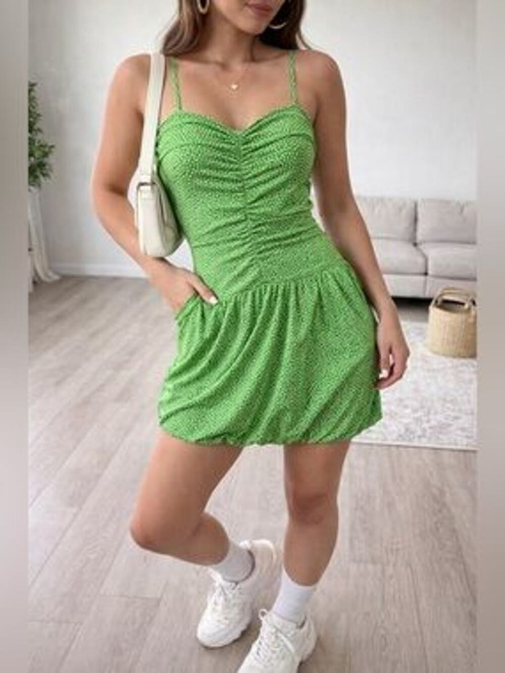 Vintage Baby Phat Dress Y2K Green Polka Dot Ruched Bubble Hem Bratz Doll Sz L